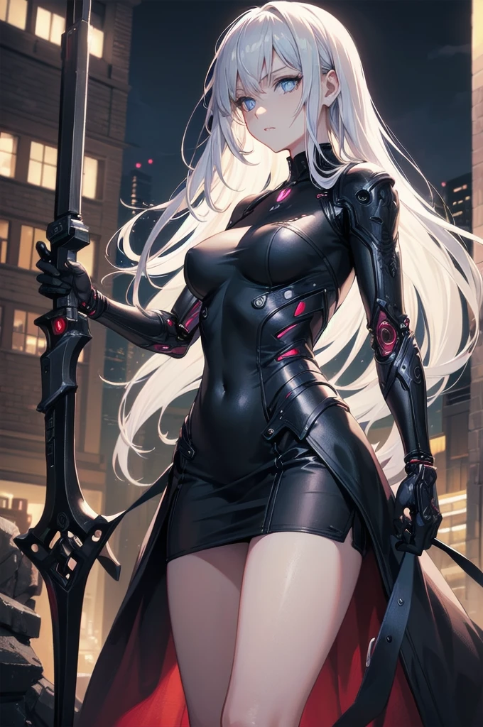 ((masterpiece)), ((best quality)), ((best illustration)), ((ultra-detailed)),((photorealistic color)), 1 lady, solo, ager, absurdly long hair, silver hair, straight hair, ((blue eyes)), ((hyper detailed eyes)), ((hyper detailed face)), gloomy face, ((holding cybernetic weapon)), lonely, looking at viewer, business suit, off shoulder, sleeveless, ((miniskirt)), bare legs, thin body, thin arms, long arms, standing, cowboy shot, side view, rooftop, skyline, urban, night, moonlight, backlight