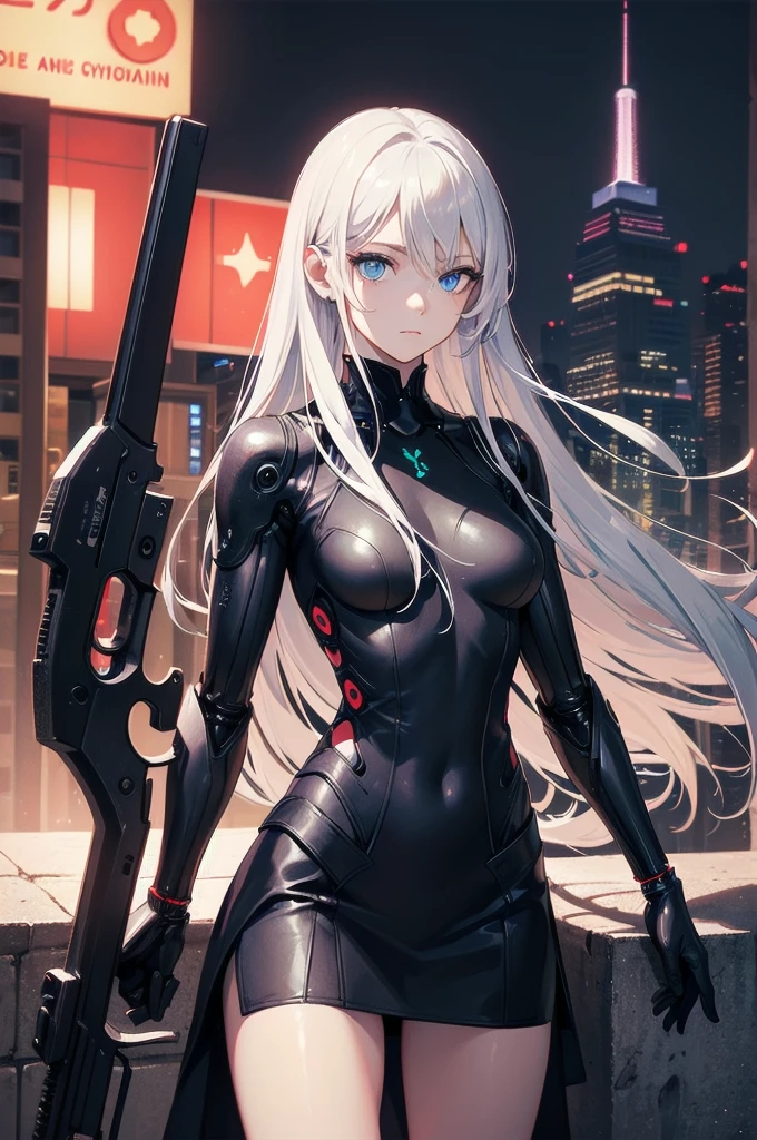 ((masterpiece)), ((best quality)), ((best illustration)), ((ultra-detailed)),((photorealistic color)), 1 lady, solo, teenager, absurdly long hair, silver hair, straight hair, ((blue eyes)), ((hyper detailed eyes)), ((hyper detailed face)), gloomy face, ((holding cybernetic weapon)), lonely, looking at viewer, business suit, off shoulder, sleeveless, ((miniskirt)), bare legs, thin body, thin arms, long arms, standing, cowboy shot, side view, rooftop, skyline, urban, night, moonlight, backlight