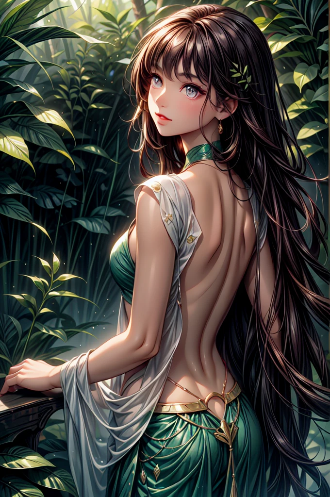 The Indian model is portrayed in a lush forest, surrounded by towering trees and exotic wildlife. She wears a simple yet elegant cotton saree, the earthy tones blending harmoniously with her natural surroundings. Her dark hair is loose, cascading down her back in glossy waves. Her eyes, bright and alert, scan the forest with a sense of wonder and curiosity. The scene is alive with the sounds of birdsong and rustling leaves, creating a sense of peace and tranquility.