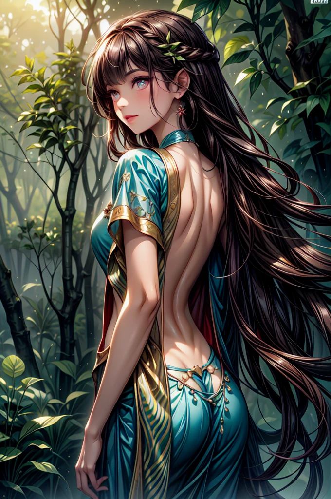 The Indian model is portrayed in a lush forest, surrounded by towering trees and exotic wildlife. She wears a simple yet elegant cotton saree, the earthy tones blending harmoniously with her natural surroundings. Her dark hair is loose, cascading down her back in glossy waves. Her eyes, bright and alert, scan the forest with a sense of wonder and curiosity. The scene is alive with the sounds of birdsong and rustling leaves, creating a sense of peace and tranquility.