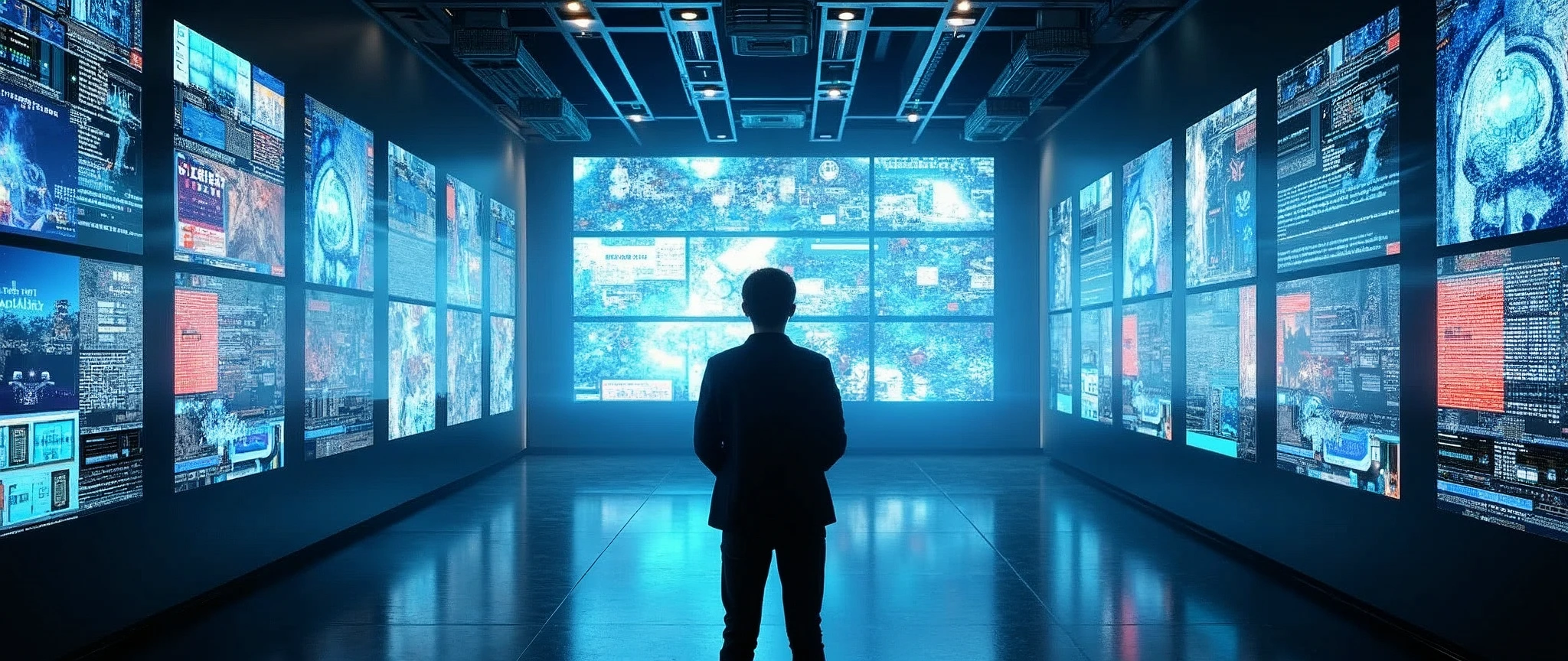 a person standing in front of a vast array of high-resolution screens, each showcasing diverse digital content from video game visuals to social media feeds, the room is sleek and futuristic, brimming with advanced technology, conveying a sense of awe and immersion in digital culture, the atmosphere is dynamic and vibrant, with a buzzing energy that reflects the intensity of modern media, lighting is bright and multi-directional, highlighting the screens and casting subtle reflections on the persons face,