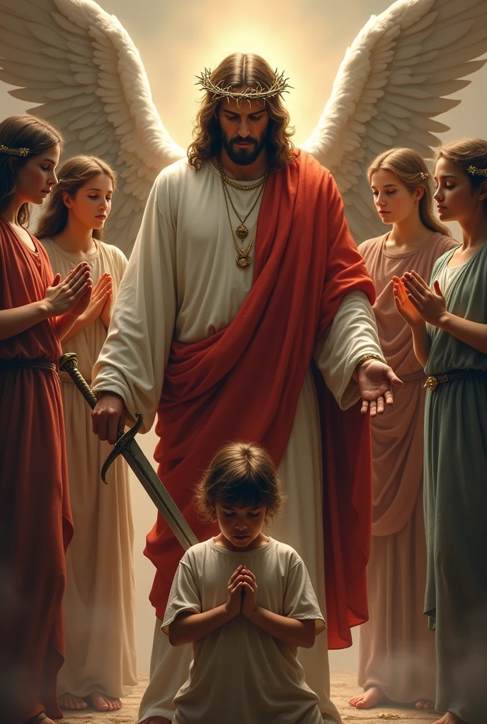 Jesus with the crown and sward with anger looks stands behind the boy who prays, and the angels stands surrounding him and protecting him from evel