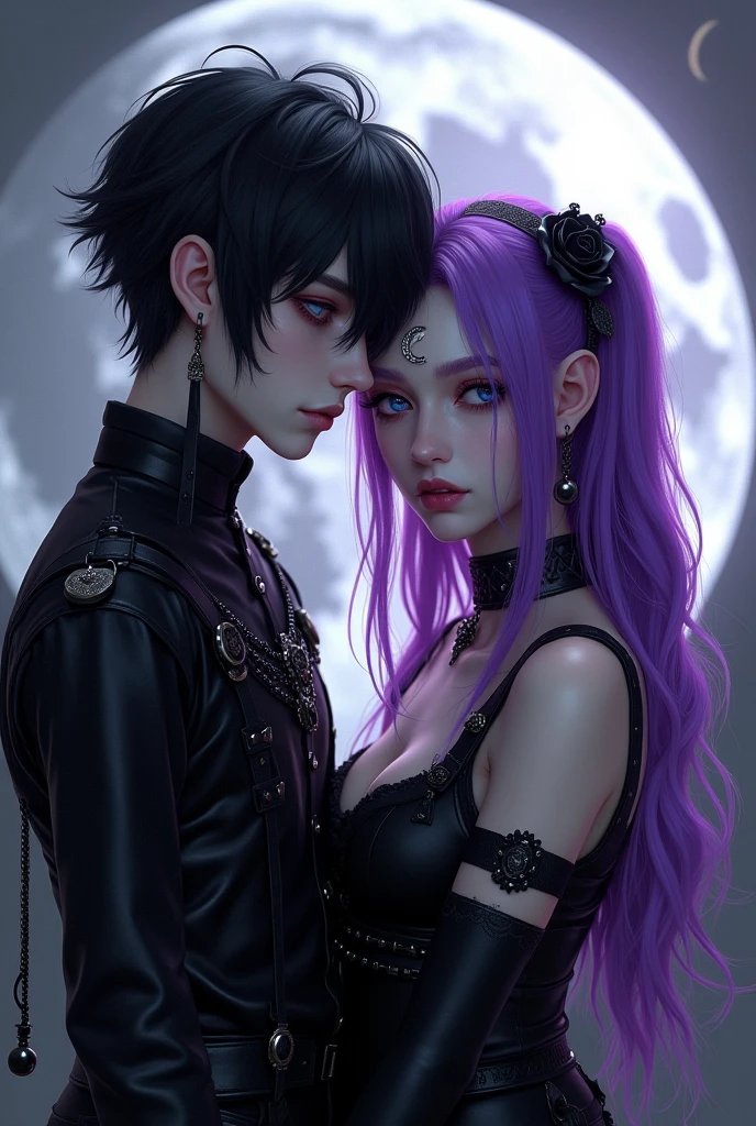 Goth couple, boy and girl, black hair, blue eyes, purple hair, pink eyes, harness, moon crescent on forehead