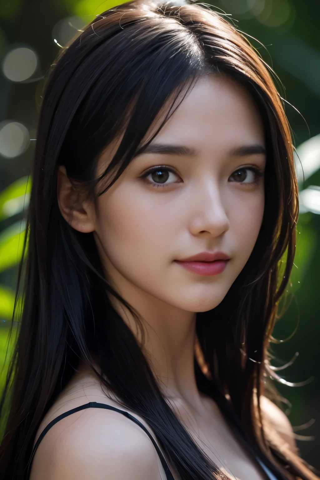 (ultra realistic) , (illustration), (increase resolution), (8K), (extremely detailed), (best illustration), (beautiful detailed eyes), (best quality), (ultra-detailed), (masterpiece), (wallpaper), (detailed face), 1 girl, black straight hair, slender body, delicate details, in the dark, deep shadow, low key, pureerosfaceace_v1, happy smile, summer dress, waterfall, rainforest