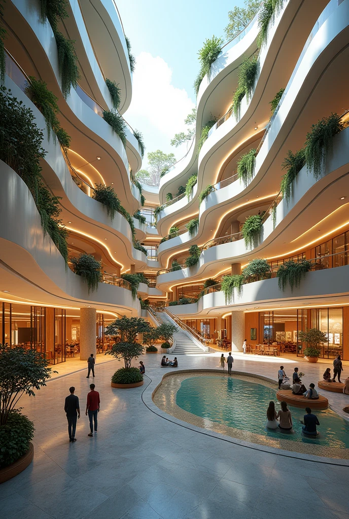 Design the architectural plan of a multi-story shopping mall 