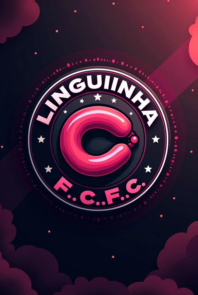 crie um escudo redondo de um time de E-futebol com o nome linguicinha Bizinelli F.c. in pink colors, black and white with a sausage in the middle of the shield.