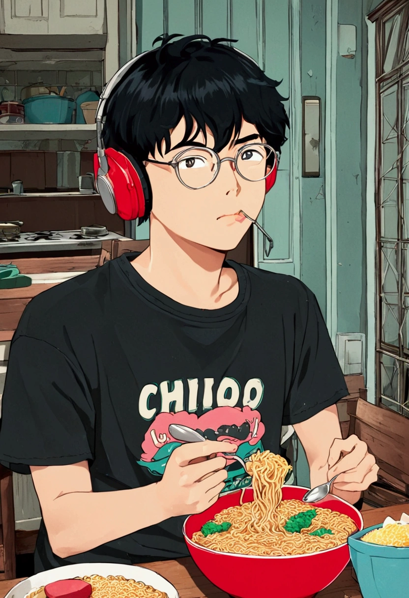 make him look like ghibli art style, 20 years old indonesian male, wear glasses, messy bowl cut hair, add some headphones, Weabo 'Wuthering Waves' is on the shirt, look focus and eating Indomie instant noodles with fork and spoon