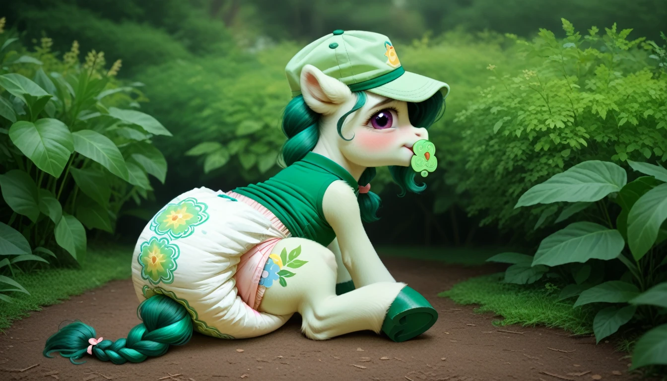 pony, бежевая земная pony, no horn, no wings, lush mane braided, bushy tail, adult mare, Sitting outside, dressed in a green romper, light green cap and green booties, green pacifier in mouth, solo, thick light green diaper under clothes, bulge on the back of the diaper, between the hind hooves and on the front of the diaper, saggy diaper, pink blush on cheeks, Embarrassment, Awkwardness.