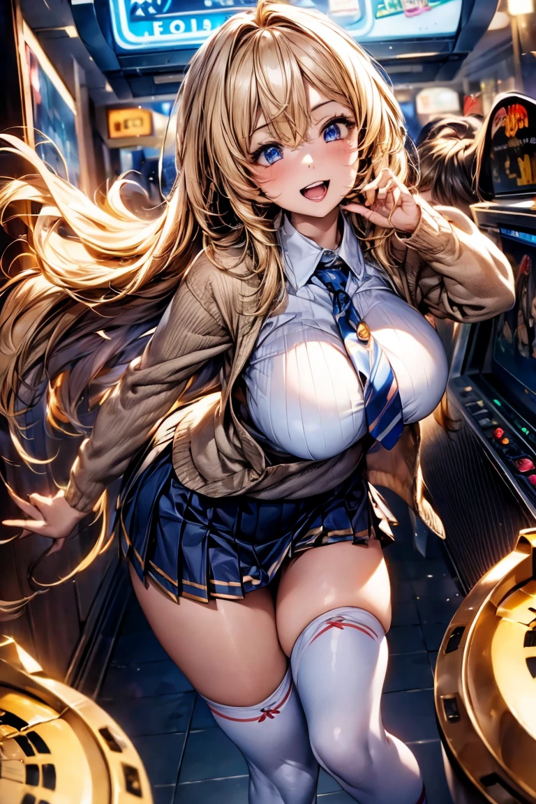 Browsing Caution,(Highest quality, 8k, masterpiece:1.3,beautiful girl), ((arcade)),(Very detailed)Glowing Skin,(((Long Hair,blonde,Beautiful Hair))),(Perfect Anatomy, Anatomically correct, Very detailed肌),((Golden Eyes)),((Perfect Fingers,Five Fingers)),((Light blue collared shirt, Navy pleated mini skirt, socks, Navy tie, Light brown cardigan, White knee socks)),Pink Panties, Knee-high socks,Knee-high socks on both feet,Double teeth,Big Breasts,Big Ass,look up,A slightly higher angle, Focus Only,Very smiling,Playing games,Dancing Game Machine