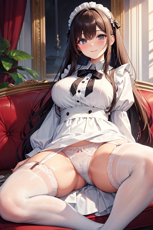 Highest quality, masterpiece, Adult women,8 heads，Long sleeve maid outfit，Without skirt，Brown Hair，Long Hair，Dark Room，Sit on the sofa，Spread your legs、Leg spread，White tights，White garter belt，Wet white lace panties，I can see your pants，A seductive smile, Plump thighs，Long legs，Droopy eyes, Hearts in eyes, Fatty face, Low - Angle，Push out your hips，Disheveled Hair, 