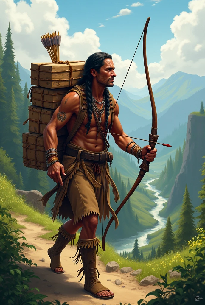 An Indian with arrows delivering parcels