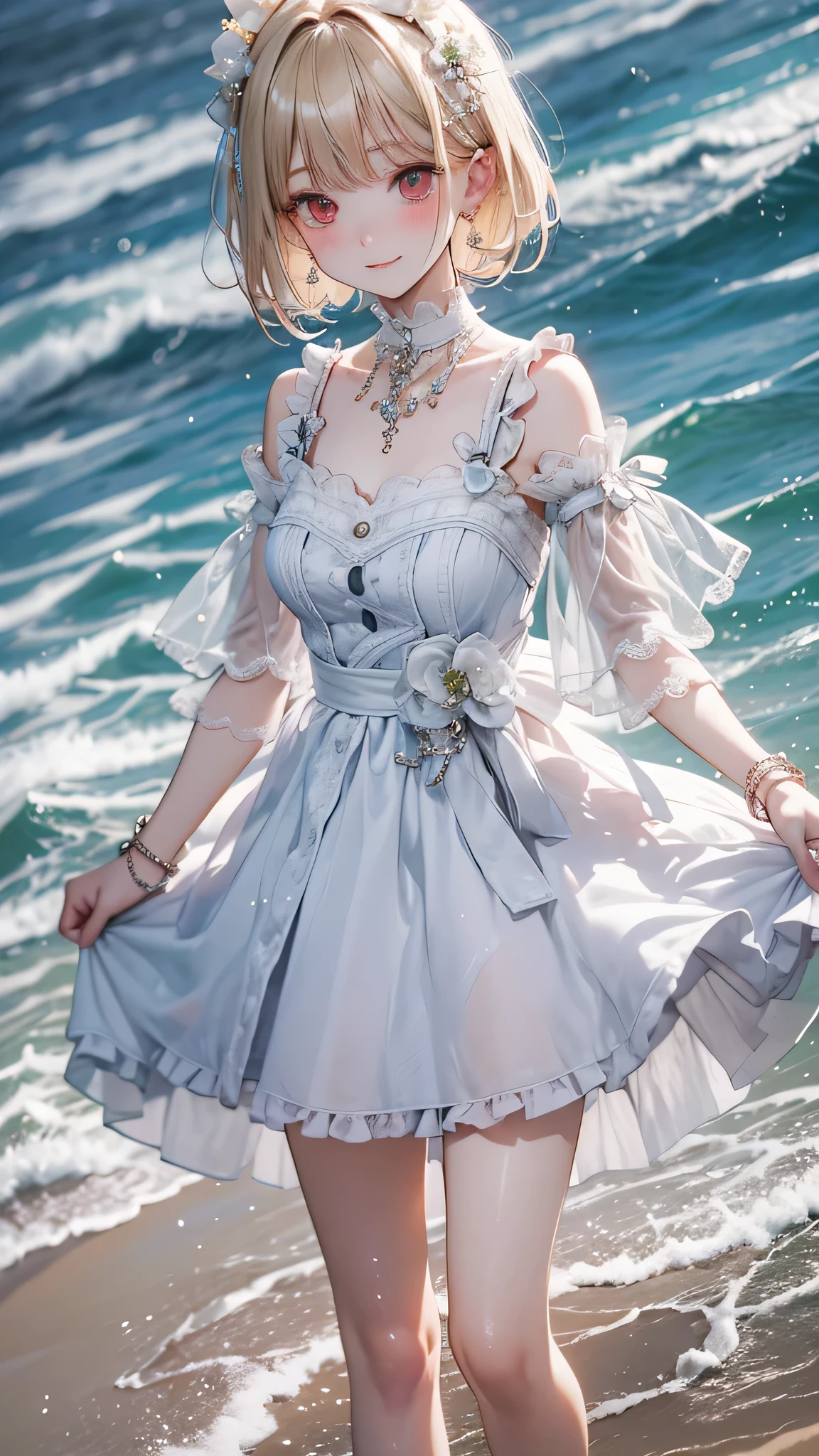 (masterpiece), ((Highest quality)), (Very detailed), ((very delicでe and beautiful)), (Unbelievably absurd))), (Perfect body))), 1 girl, Glowing White Particles, Blonde Bob, Red eyes, 17 years old, Outdoor, null, Aura full body, White Tread Dress, Exposing shoulders, A small smile, Ocean + background, Wind, Earrings, Watching the audience, Cowboy Shot, Rich details, Perfect image quality