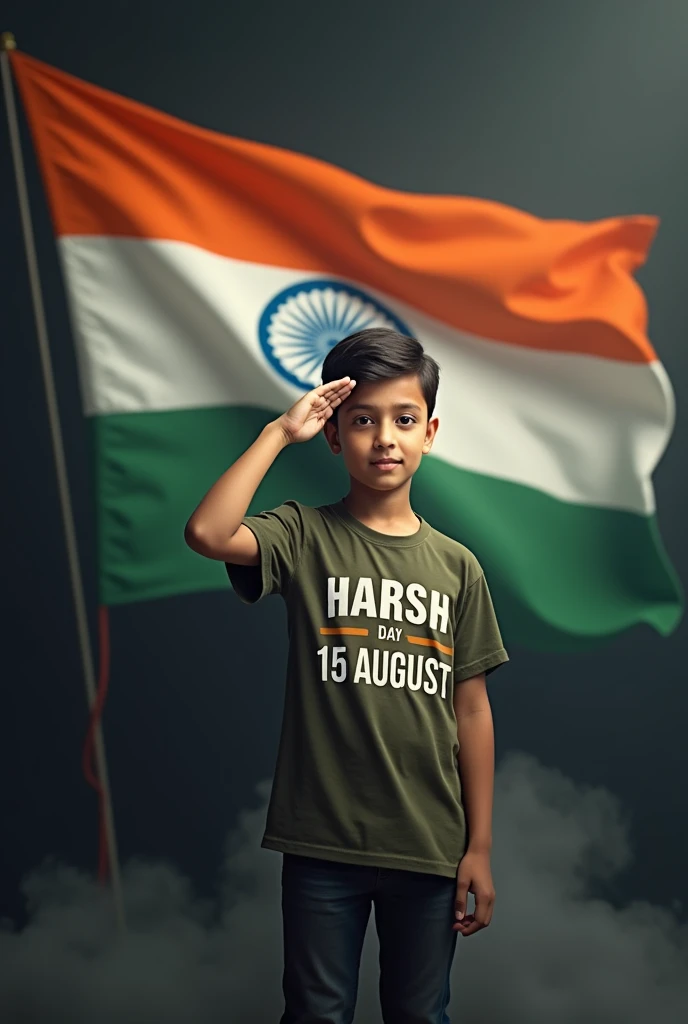 A 18 year old boy named HARSH stands wearing an army T-shirt with his name on it, holding the Indian flag. In the background, there’s a large Indian flag with ‘Happy Independence Day 15 August’ written. He is saluting with seals and smoke in a dark background. Create a 3D realistic high-quality photo.