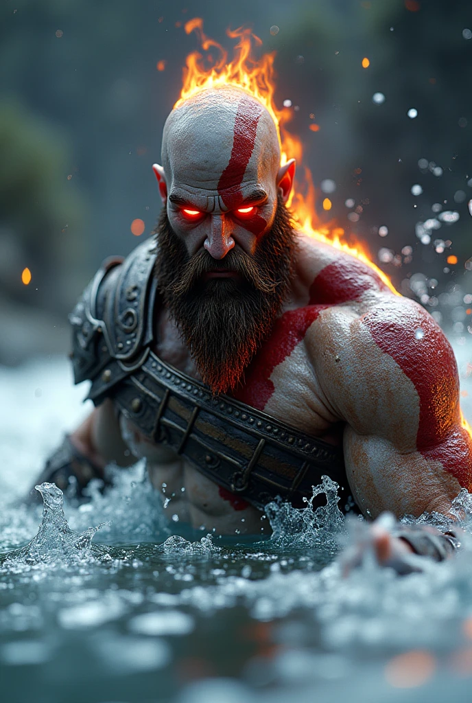 Fierce warrior emerging from water, glowing red eyes, orange flaming hair and beard, metallic silver skin, armored shoulders, splashing water, ice crystals, dynamic action pose, ultra-detailed CGI, cinematic lighting, movie scene, God of War inspired character --ar 16:9 --q 2