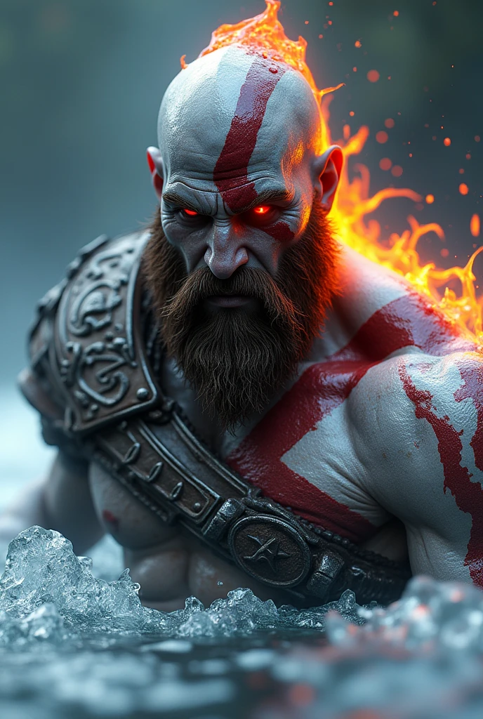 Fierce warrior emerging from water, glowing red eyes, orange flaming hair and beard, metallic silver skin, armored shoulders, splashing water, ice crystals, dynamic action pose, ultra-detailed CGI, cinematic lighting, movie scene, God of War inspired character --ar 16:9 --q 2