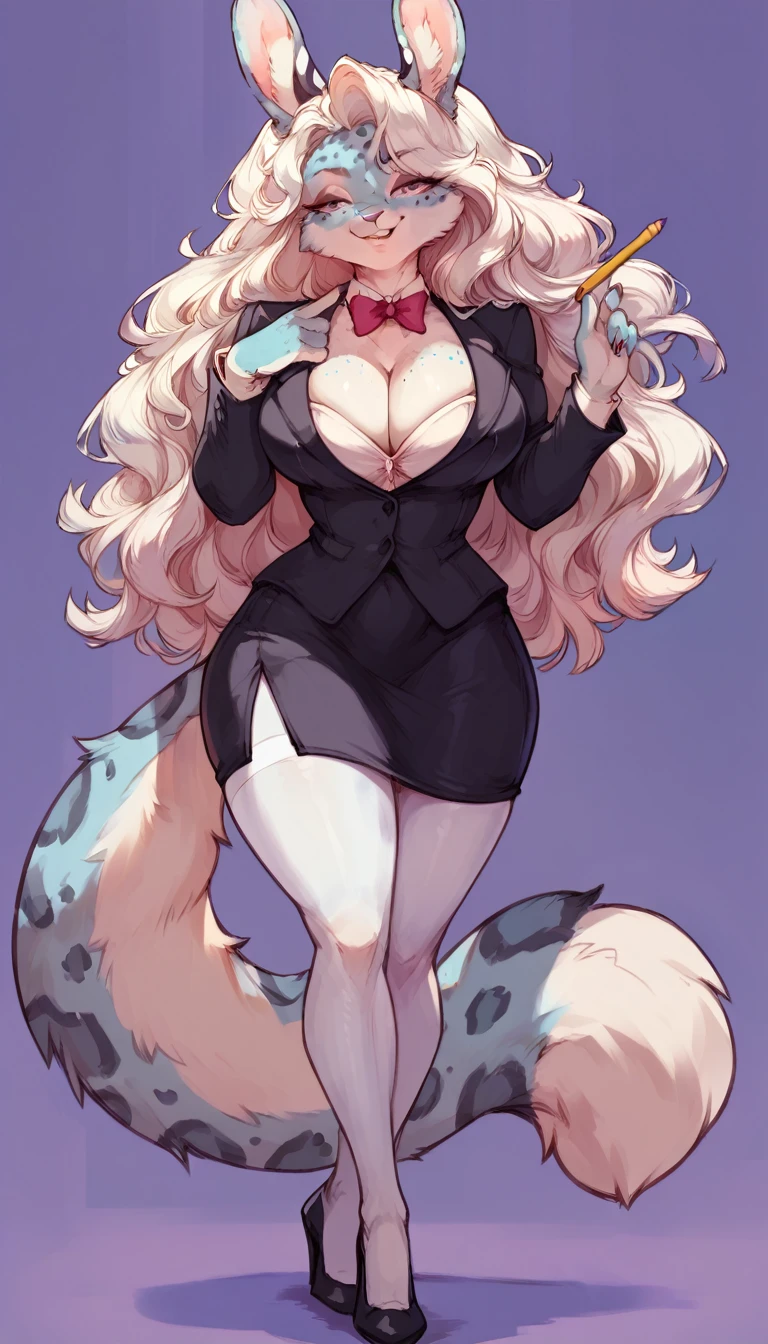 (solo) female anthro bunny, long fluffy hair, bunny, (big breasts:1.5), attractive, wearing teacher dress,   fit body, snow leopard tail,, thicc, freckles, freckles on face, smug eyes, (happy expression), she is standing look to the viewer , violet background, simple background, thick thighs  (front view) hig heels