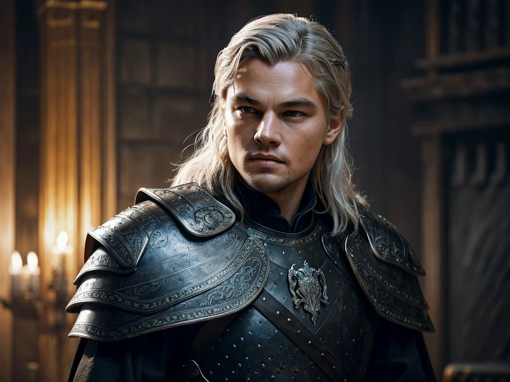 Create an ultra-realistic portrait of a young, clean-shaven Leonardo DiCaprio envisioned as a Targaryen from "Game of Thrones." He has the signature white hair of the Targaryen family, tied back neatly, emphasizing his sharp and charismatic features. He wears sleek, black armor adorned with subtle dragon motifs, giving it a sense of ancient nobility. The background is dark and moody, suggesting a medieval castle setting, adding to the atmosphere of power and intrigue. Dramatic lighting accentuates the contours of his face and the texture of the armor, creating a regal and striking appearance.