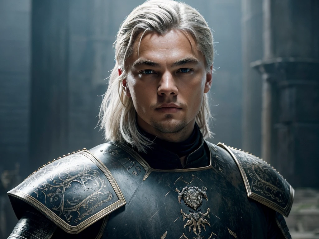 Create an ultra-realistic portrait of a young, clean-shaven Leonardo DiCaprio envisioned as a Targaryen from "Game of Thrones." He has the signature white hair of the Targaryen family, tied back neatly, emphasizing his sharp and charismatic features. He wears sleek, black armor adorned with subtle dragon motifs, giving it a sense of ancient nobility. The background is dark and moody, suggesting a medieval castle setting, adding to the atmosphere of power and intrigue. Dramatic lighting accentuates the contours of his face and the texture of the armor, creating a regal and striking appearance.