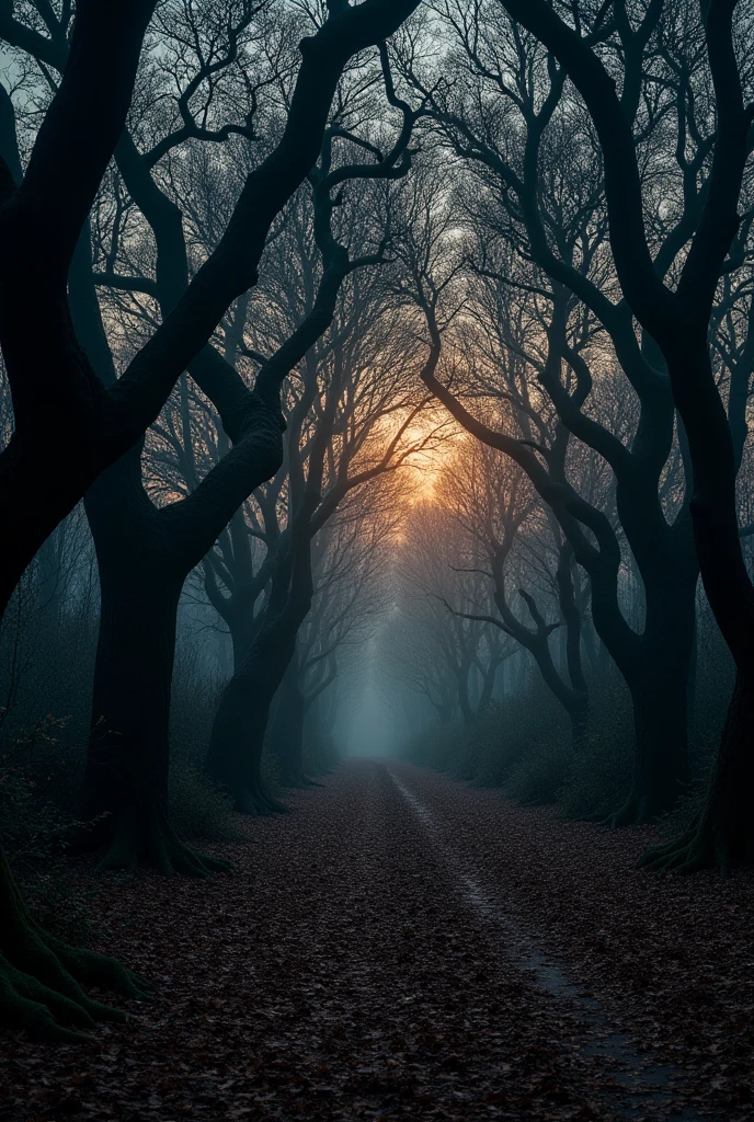 Environment: Dense, dark forest with ancient, twisted trees. The ground is covered in dry leaves, creating subtle, tense sounds as they crunch underfoot.
Lighting: Dusk, with the sky painted in shades of orange and purple. The remaining light filters through the trees, casting long, eerie shadows.
Atmosphere: A soft wind blows, rustling the leaves. The silence is unnerving, as if the forest is holding its breath.