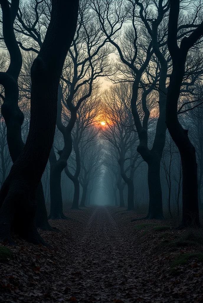 Environment: Dense, dark forest with ancient, twisted trees. The ground is covered in dry leaves, creating subtle, tense sounds as they crunch underfoot.
Lighting: Dusk, with the sky painted in shades of orange and purple. The remaining light filters through the trees, casting long, eerie shadows.
Atmosphere: A soft wind blows, rustling the leaves. The silence is unnerving, as if the forest is holding its breath.
