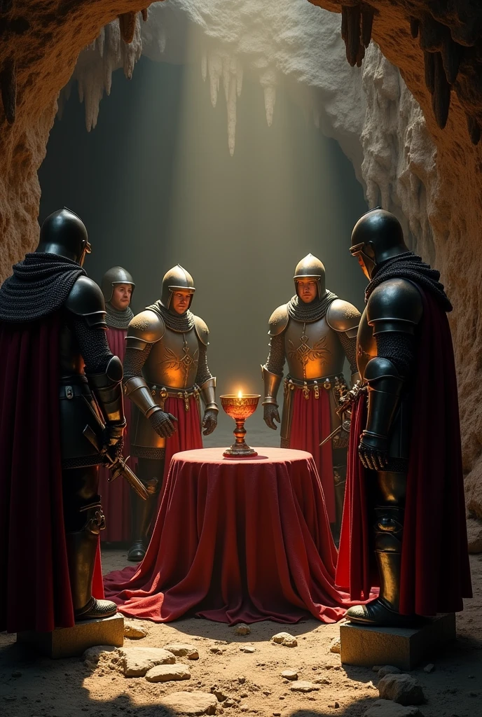 Generate a perspective image.Knights of the Round Table, during the search for the Holy Grail, medieval times, knight's attire with armor, in a secret cave with dim lights, the knights find the Grail on an altar, background with stalactites and shadows, detail plan, hyper-realistic, Photo realism, cinematography.