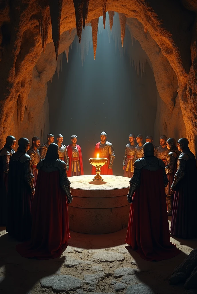 Generate a perspective image.Knights of the Round Table, during the search for the Holy Grail, medieval times, knight's attire with armor, in a secret cave with dim lights, the knights find the Grail on an altar, background with stalactites and shadows, detail plan, hyper-realistic, Photo realism, cinematography.