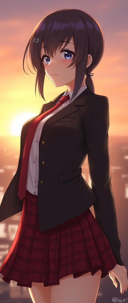 one girl, anime girl, cool, noble, jacket, plaid skirt, necktie, hair clip, proudly, slender, sunset