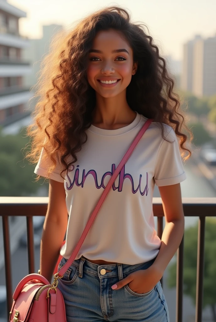 (photorealism:1.2),beautiful girl,stand in balcony,browny color girl,some curly
 long hair,wearing jeans and top,wearing a shoulder cute pink colour bag, smiling,some hair blown in air,sindhu written in her t shirt,looking at camera,and looked so real and gorgeous 

