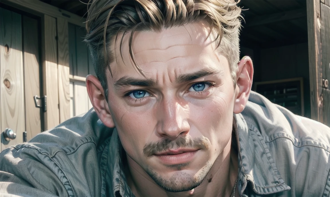 [((highly detailed, detailed eyes, detailed face, clear and realistic facial features, photorealistic, realistic light, cinematic)), (1 man), Mark is a handsome and alluring slender but muscular male farmer father aged 45 with short blond hair and a neat moustache and blue eyes and weathered skin wearing a flannelette shirt, (((Mark has a seductive smirking look on his face and a slight blush on his cheeks))), There is a charming yet dry southern farm in the background, ((calming comforting mood))]