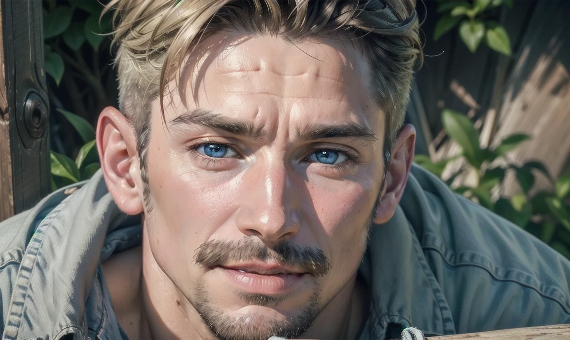 [((highly detailed, detailed eyes, detailed face, clear and realistic facial features, photorealistic, realistic light, cinematic)), (1 man), Mark is a handsome and alluring slender but muscular male farmer father middle-aged mature with short blond hair and a neat moustache and blue eyes and weathered skin wearing a flannelette shirt, ((aged 45)), (((Mark has a seductive smirking look on his face and a slight blush on his cheeks))), There is a charming yet dry southern farm in the background, ((calming comforting mood))]