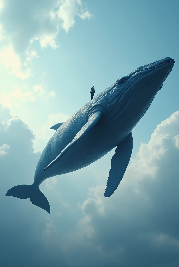 Gigantic blue whale flying through cloudy sky, tiny person standing on its back, hyper-realistic texture, water droplets, cinematic lighting, low angle view, majestic scene, surreal fantasy, photorealistic CGI, oceanic creature in flight, dream-like atmosphere --ar 16:9 --q 2 