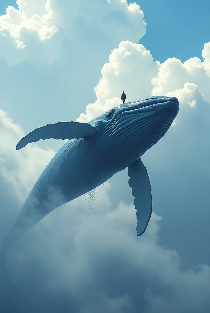 Gigantic blue whale flying through cloudy sky, tiny person standing on its back, hyper-realistic texture, water droplets, cinematic lighting, low angle view, majestic scene, surreal fantasy, photorealistic CGI, oceanic creature in flight, dream-like atmosphere --ar 16:9 --q 2