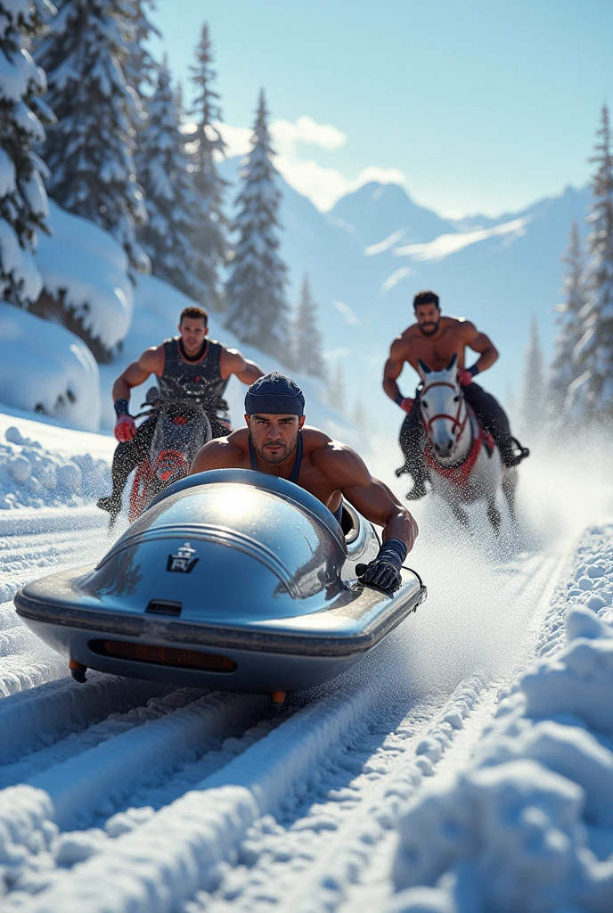 A race between 4 teams, the first is a man in a bobsleigh car, the second a man in Wrestling suit, the third one is an equestrian and the forth a guy in a swimsuit 