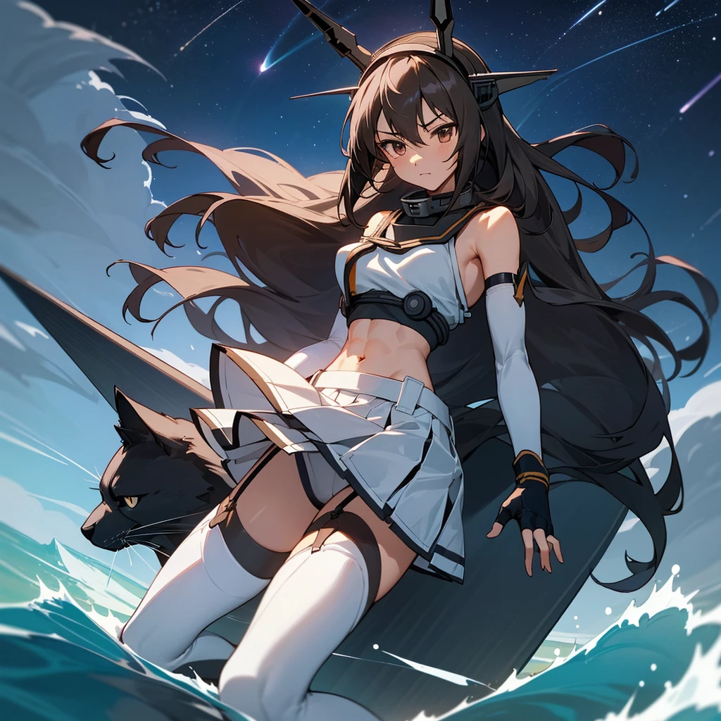 hyper detailed, perfect anatomy, best quality, extremely delicate, extremely detailed, cool,1 girl, Nagato(kancolle), long hair, headgear, dark hair, hairband, collar, bare shoulders, crop top, elbow gloves, fingerless gloves, black gloves, midriff, pleated skirt, white skirt, garter straps, thighhighs, muscle, muscular abs, six pads, with a black cat, night sky, stars, milkyway, sea, wave,