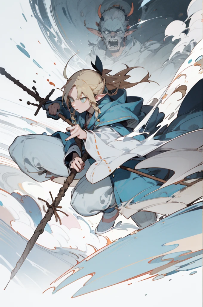 (masterpiece, Best quality) detailed, ((masterpiece)),(((Best quality))), character design, The main character in the Scandinavian Nordic theme. shaman, woman. interesting weapon, next to the character is a guardian spirit, shaman, unusual staff, dynamic pose, Details of the image. Interesting, full length, персонаж shaman, дух рядом с shamanом