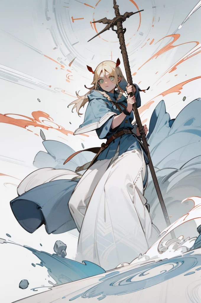 (masterpiece, Best quality) detailed, ((masterpiece)),(((Best quality))), character design, The main character in the Scandinavian Nordic theme. shaman, woman. interesting weapon, next to the character is a guardian spirit, shaman, unusual staff, dynamic pose, Details of the image. Interesting, full length, персонаж shaman, дух рядом с shamanом