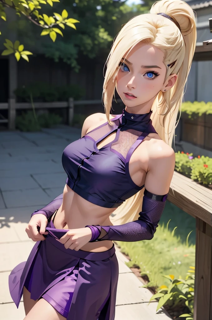 (masterpiece), best quality, expressive eyes, perfect face, 1 girl, solo, yamanaka ino, blonde hair, blue eyes, purple crop top, separate sleeves, purple skirt, mesh sleeves, , meshes, outdoors, natural lighting, portrait, looking at viewer, trying to seduce viewer, taking off skirt,
