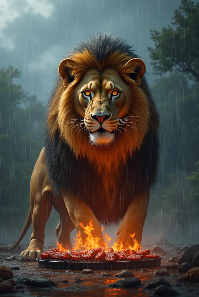 Rainy weather is ruining a grilled lion snack.