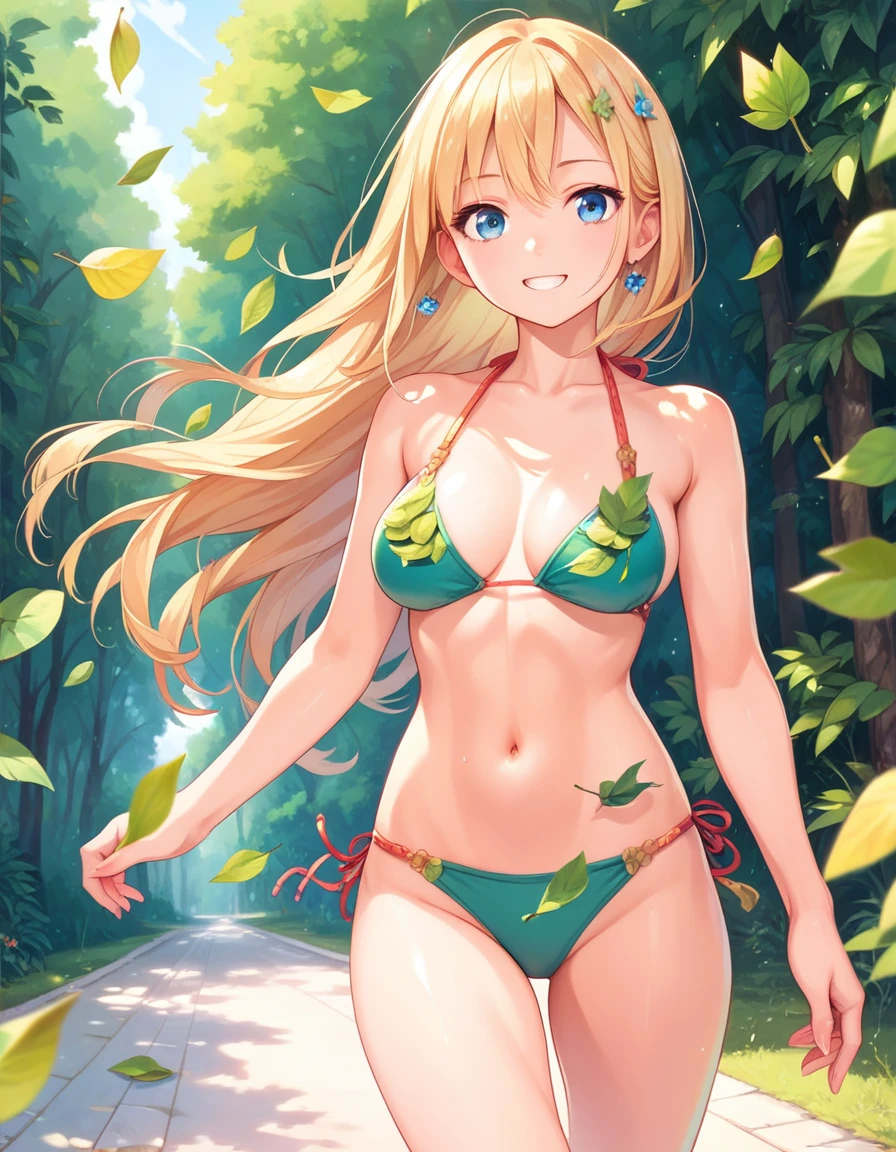 masterpiece, best quality, extremely detailed, Girl, blonde, smiling, (((bikini made of green leaves))), walking in nature,