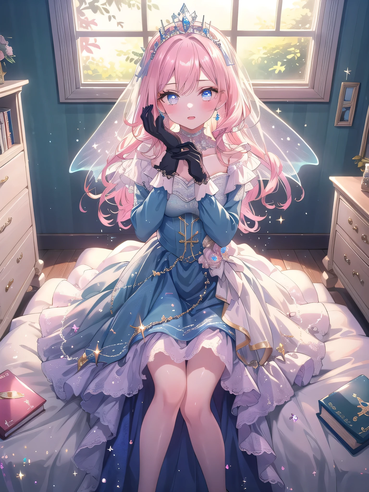 ((8k, Highest quality, masterpiece: 1.3)),Ultra-high resolution,(1 girl, alone), (Color changing eyes, Ultra-detailed, Expressive brilliance, Glitter, Glowing Eyes), Highly detailed eyes, Highly detailed face, Random Hair, ((pastel colour)),A joyful young woman with pastel pink hair styled into loose waves, sitting on her bed with her legs crossed. The room is bright and airy, with sunlight streaming through the large window. She is dressed in a classic princess cosplay, wearing a flowing, pale blue gown with a jeweled tiara on her head and matching gloves. The camera captures her from a slightly elevated angle as she holds up a small hand mirror, pretending to admire herself like royalty, her expression playful and lighthearted. Her room is decorated with soft, pastel colors, plush cushions, a vanity table with a large mirror, and a few fairy tale books scattered around, giving it a dreamy, enchanted atmosphere.



