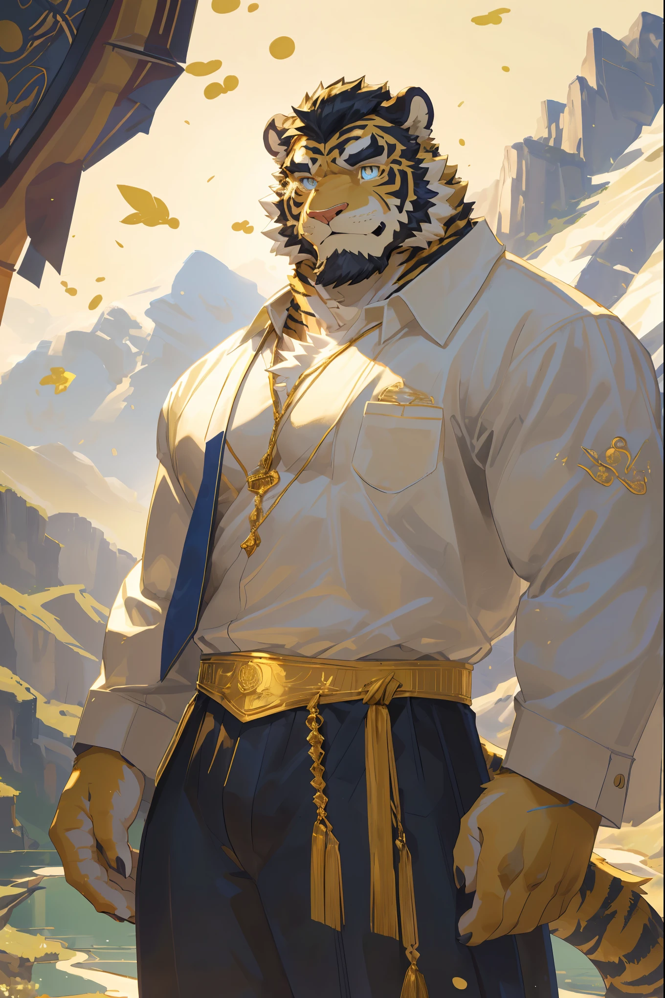 (Toned body),(White regular clothes:1.5),16k high quality detailed art,(White regular clothes:1),(Golden Tiger:1.1), (((White and golden fur:1.5))),(Duotone),(A pair of eyes of different colors, Blue and gold eyes:1.7),(Both eyes are the same size:1.4),(Muscular body:1.3),Handsome,(OK),(Perfect face),(Gold and white skin:1.3),(Full body description:1.3),Publaz, (Golden Tiger:1.1), (((Gold and white fur:1.3))),Handsome, (OK),Express,(Mountains, rivers and lakes background:1.3),(joy:1.3),(Golden Tiger tail),不同的Express,(A perfect masterpiece),(32K),(Abdominal muscles:1.3),(((middle aged:1.4))),(36 years old),(Gold Stripes),alone,(Black sideburns:1.2),(black beard:1.3),(Black Chin:1.3),(golden face pattern:1),(Very rich facial details:1.3),(Strong),(Mighty pose:1.3),Front view,(CG),(HD),(Black hair),Full body portrait,(Detailed background:1.3)