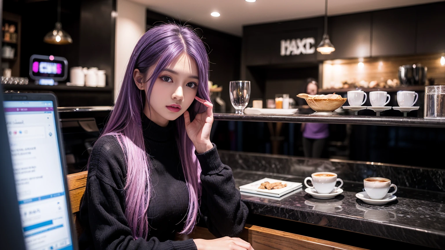 Futuristic Girl, Dark Skin, Purple eyes, space, Purple Hair, Blue Hair, Pink Hair, Long Hair, Dark Skin, Futuristic Coffee Shop