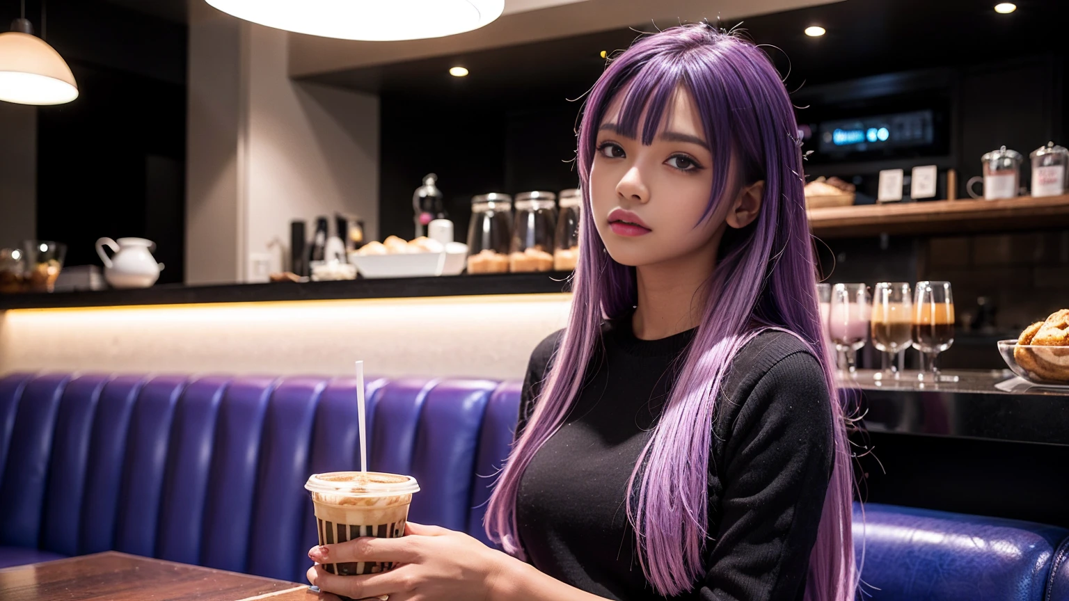 Futuristic Girl, Dark Skin, Purple eyes, space, Purple Hair, Blue Hair, Pink Hair, Long Hair, Dark Skin, Futuristic Coffee Shop