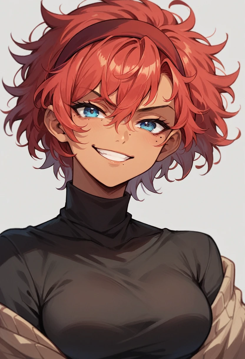 (masterpiece), best quality, expressive eyes, perfect face, tan skinned male, red hair, short hair, messy hair, red headband, smirk, beauty mark, mole, black shirt, sweater tied at the waist, beautiful face  blue eyes, beautiful eyes