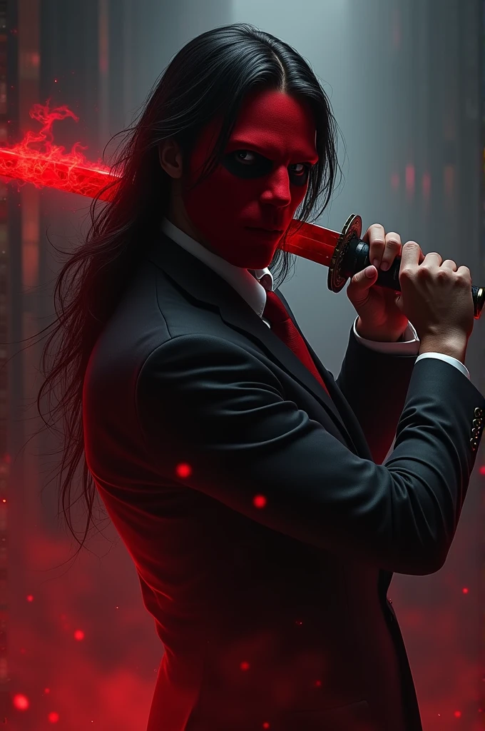 Long black hair,man, wearing red mask,suit wearing, looking behind, holding a katana with red flame 