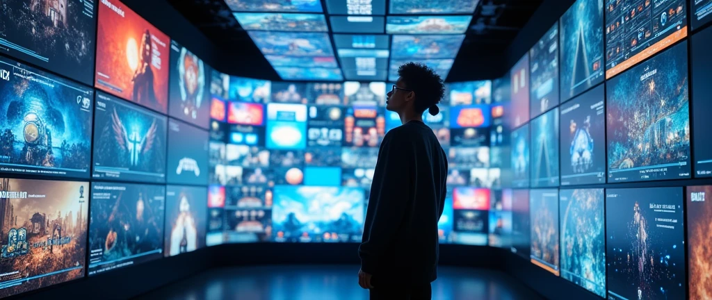 a person standing in front of a vast array of high-resolution screens, each showcasing diverse digital content from video game visuals to social media feeds, the room is sleek and futuristic, brimming with advanced technology, conveying a sense of awe and immersion in digital culture, the atmosphere is dynamic and vibrant, with a buzzing energy that reflects the intensity of modern media, lighting is bright and multi-directional, highlighting the screens and casting subtle reflections on the persons face,
