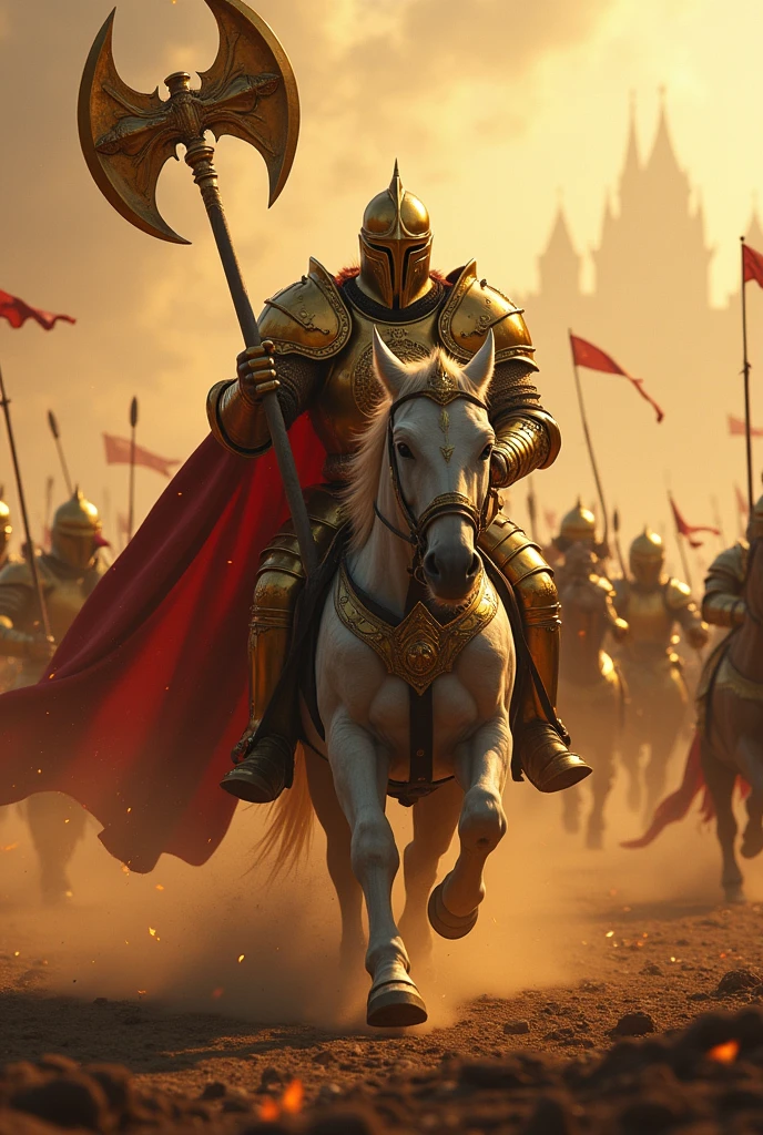 Create an illustrous heavy knight in a heavy golden armor and gigantic golden battle axe rampaging himself against his enemies in the heat of battle in the middle of the battlefield. dust and fire were swirling here and there, rain of arrows everywhere, and swarm of enemies comes from every side of him, (Photorealistic:1), dramatic effect, UHD