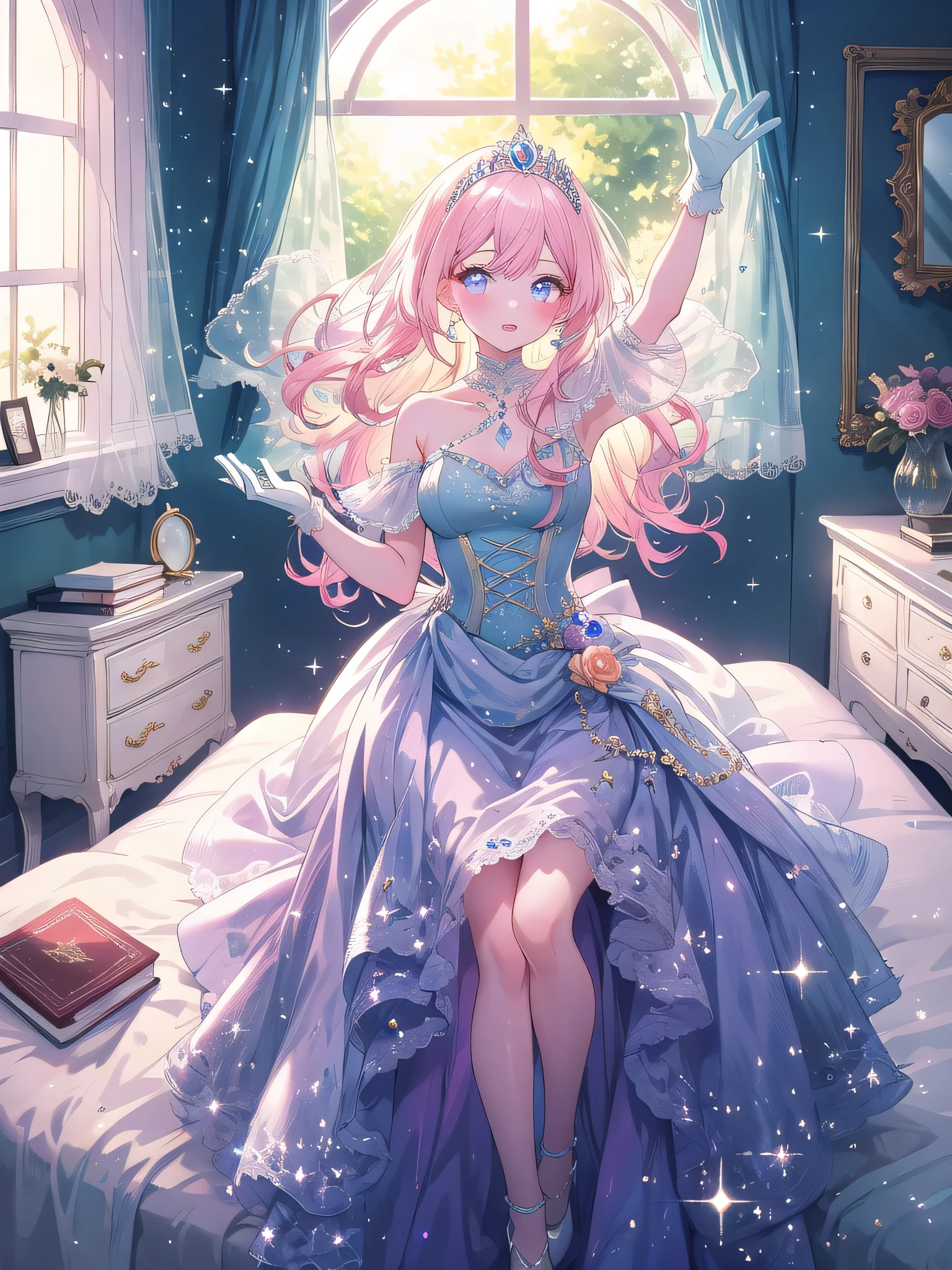 ((8k, Highest quality, masterpiece: 1.3)),Ultra-high resolution,(1 girl, alone), (Color changing eyes, Ultra-detailed, Expressive brilliance, Glitter, Glowing Eyes), Highly detailed eyes, Highly detailed face, Random Hair, ((pastel colour)),A joyful young woman with pastel pink hair styled into loose waves, sitting on her bed with her legs crossed. The room is bright and airy, with sunlight streaming through the large window. She is dressed in a classic princess cosplay, wearing a flowing, pale blue gown with a jeweled tiara on her head and matching gloves. The camera captures her from a slightly elevated angle as she holds up a small hand mirror, pretending to admire herself like royalty, her expression playful and lighthearted. Her room is decorated with soft, pastel colors, plush cushions, a vanity table with a large mirror, and a few fairy tale books scattered around, giving it a dreamy, enchanted atmosphere.