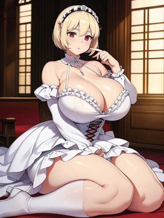 masterpiece,Highest quality,Light blonde short hair。Short Hair。Red Eyes。Droopy eyes。Baby Face。boyish。glamorous。Plump。Big Tits。Very large breasts。Big Tits。Big Boobs。tits。White ta。White Gothic Lolirills。Princess Dress。Embarrassed。Bedroom。クソデカtits。clergyman。saint。milf。Voluptuous。Super Breasts。Wedding dress。Long Skirt。Large breasts。lure