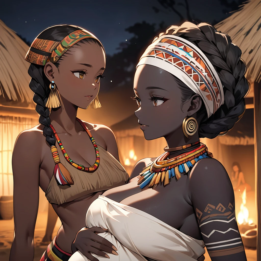 ((Highest quality)), ((masterpiece)), (detailed), (Perfect Face)、The woman has bright black skin、(Ghana braids with strong curly hair slicked back)、Black, dark skinned, African native tribal woman、The amount of hair is small、Light brown hair、Very short curly hair、Ghana braid hair, finely and delicately braided into Ghana braids and slicked back、Her hair is braided and thin, and she wears a tribal headdress and a tribal headscarf.、African black woman beautifully dressed in tribal clothing, tribal earrings and tribal accessories, wearing tribal makeup、A beautiful tribal woman with tattoos all over her body、Women in tribal village night rituals、the woman is pregnant、The woman's hair is dyed black by the other women in the village and styled like an African woman's.